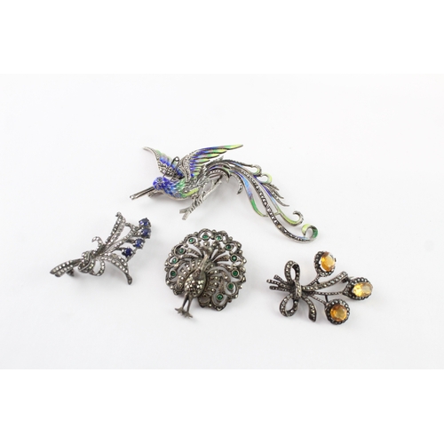 237 - Collection of Silver Marcasite Brooches, inc. Stone Set, Vintage, Enamel x 4 (51g)