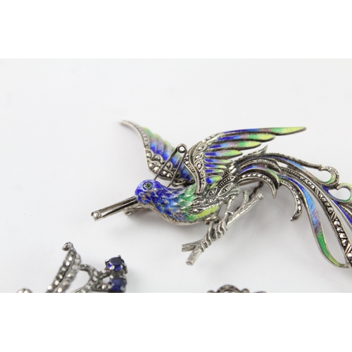 237 - Collection of Silver Marcasite Brooches, inc. Stone Set, Vintage, Enamel x 4 (51g)