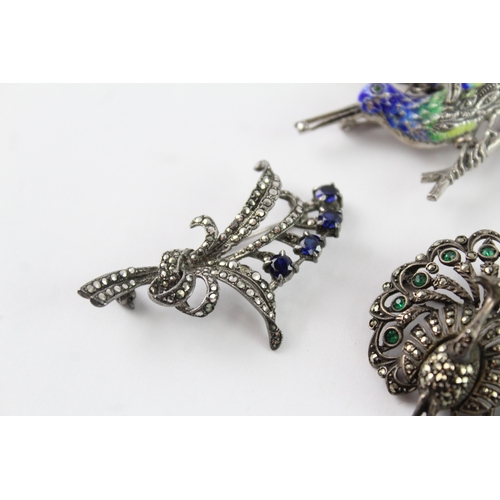 237 - Collection of Silver Marcasite Brooches, inc. Stone Set, Vintage, Enamel x 4 (51g)
