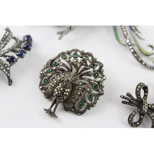 237 - Collection of Silver Marcasite Brooches, inc. Stone Set, Vintage, Enamel x 4 (51g)