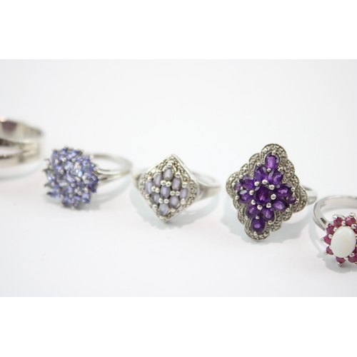 253 - Collection of Sterling Silver Gemstone Rings, inc. Enhanced Ruby, Moonstone x 8 (49g)