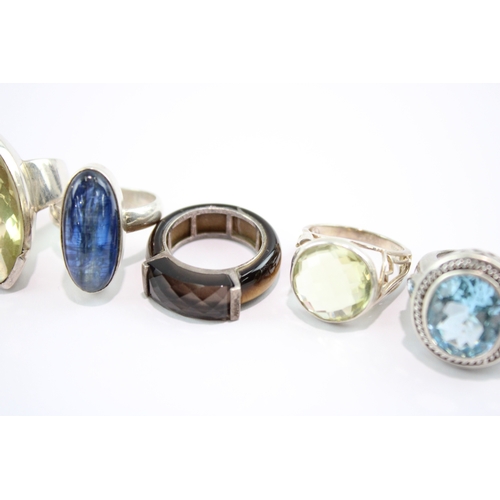 254 - Collection of Sterling Silver Gemstone Rings, inc. Tigers Eye, Lapis Lazuli x 7 (77g)