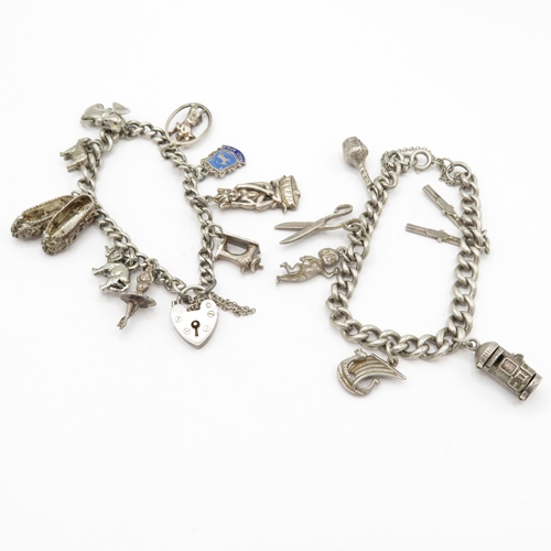 222 - 2 x Mixed Grade Silver Charm Bracelets inc Skis, Scissors and St Christopher's - 63.5g