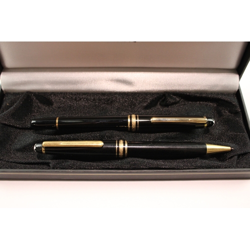 399 - Montblanc Meisterstuck Black Fountain Pen Set w/ 14ct Gold Nib, Ballpoint Etc