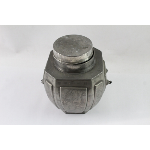 351 - Antique Pewter Tea Caddy Japanese Hexagonal Lidded Box Engraved
