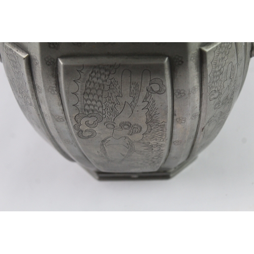 351 - Antique Pewter Tea Caddy Japanese Hexagonal Lidded Box Engraved