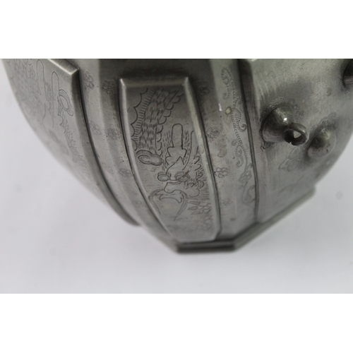 351 - Antique Pewter Tea Caddy Japanese Hexagonal Lidded Box Engraved