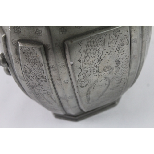 351 - Antique Pewter Tea Caddy Japanese Hexagonal Lidded Box Engraved