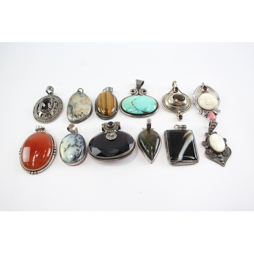 213 - Collection of Sterling Silver Gemstone Pendants, inc. Mother of Pearl, Moss Agate, Labradorite x 12 ... 