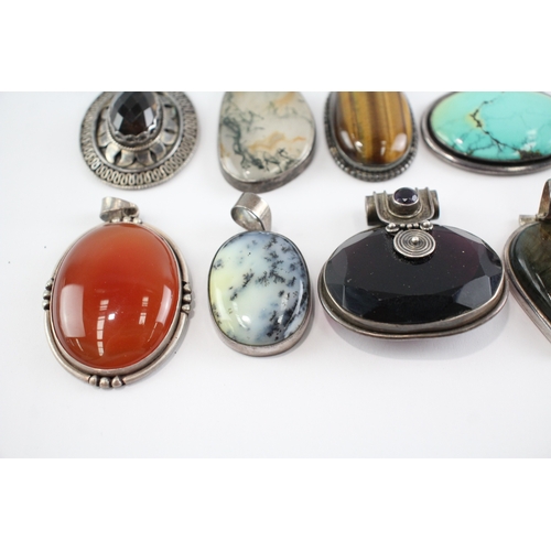 213 - Collection of Sterling Silver Gemstone Pendants, inc. Mother of Pearl, Moss Agate, Labradorite x 12 ... 