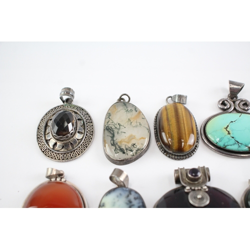 213 - Collection of Sterling Silver Gemstone Pendants, inc. Mother of Pearl, Moss Agate, Labradorite x 12 ... 