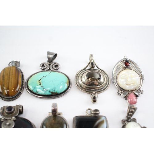 213 - Collection of Sterling Silver Gemstone Pendants, inc. Mother of Pearl, Moss Agate, Labradorite x 12 ... 