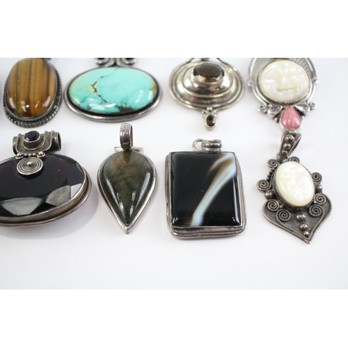 213 - Collection of Sterling Silver Gemstone Pendants, inc. Mother of Pearl, Moss Agate, Labradorite x 12 ... 