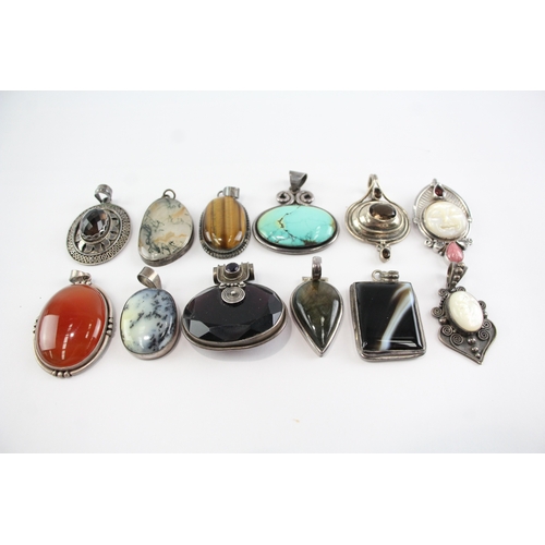 213 - Collection of Sterling Silver Gemstone Pendants, inc. Mother of Pearl, Moss Agate, Labradorite x 12 ... 