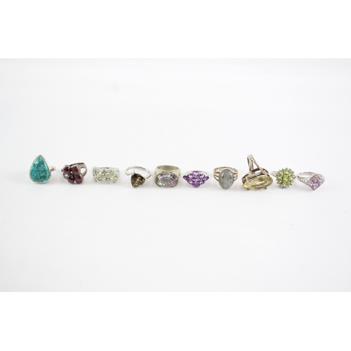 219 - Collection of Sterling Silver Gemstone Rings, inc. Garnet, Labradorite x 10 (68g)