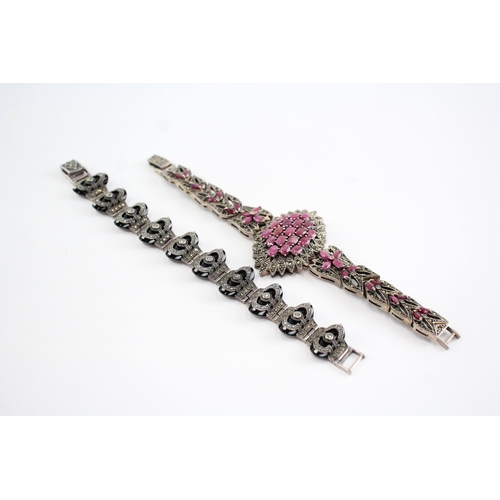 220 - Collection of Sterling Silver Marcasite Bracelets, inc. Enhanced Ruby x 2 (114g)