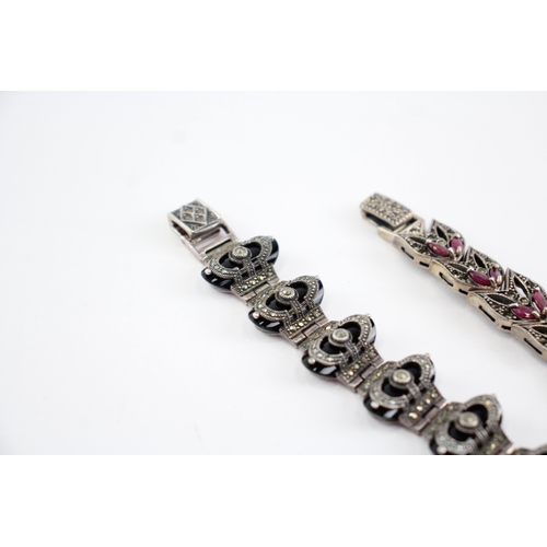 220 - Collection of Sterling Silver Marcasite Bracelets, inc. Enhanced Ruby x 2 (114g)