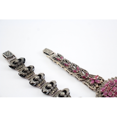 220 - Collection of Sterling Silver Marcasite Bracelets, inc. Enhanced Ruby x 2 (114g)