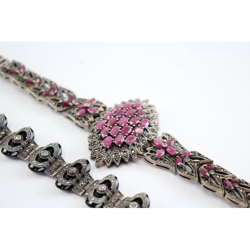 220 - Collection of Sterling Silver Marcasite Bracelets, inc. Enhanced Ruby x 2 (114g)