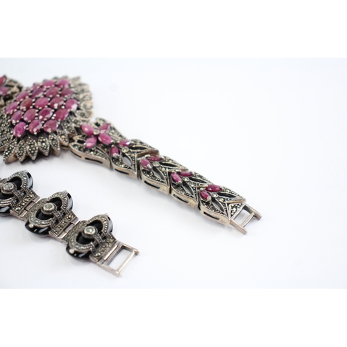 220 - Collection of Sterling Silver Marcasite Bracelets, inc. Enhanced Ruby x 2 (114g)