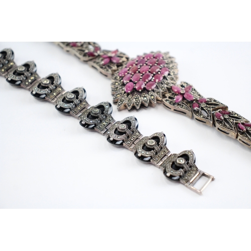 220 - Collection of Sterling Silver Marcasite Bracelets, inc. Enhanced Ruby x 2 (114g)