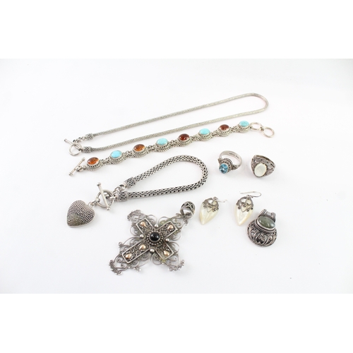 223 - Collection of Sterling Silver Suarti Jewellery, inc. Amber, Gemstone, Mother of Pearl x 8 (156g)