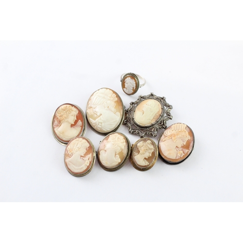 227 - Collection of Silver Shell Cameo Jewellery, inc. Brooch, Ring, Portrait x 8 (49g)