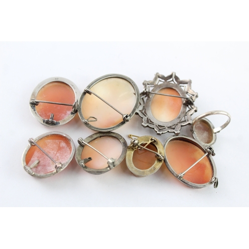 227 - Collection of Silver Shell Cameo Jewellery, inc. Brooch, Ring, Portrait x 8 (49g)