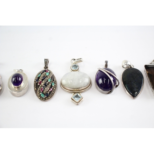 234 - Collection of Sterling Silver Gemstone Pendants, inc. Amethyst, Marcasite x 10 (117g)
