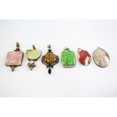 240 - Collection of Sterling Silver Gemstone Pendants, inc. Tigers Eye, Jasper, Quartz x 6 (110g)