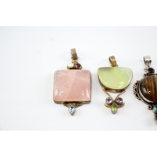240 - Collection of Sterling Silver Gemstone Pendants, inc. Tigers Eye, Jasper, Quartz x 6 (110g)
