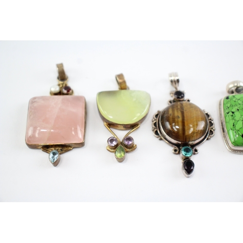 240 - Collection of Sterling Silver Gemstone Pendants, inc. Tigers Eye, Jasper, Quartz x 6 (110g)
