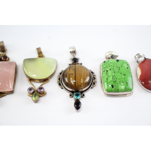 240 - Collection of Sterling Silver Gemstone Pendants, inc. Tigers Eye, Jasper, Quartz x 6 (110g)