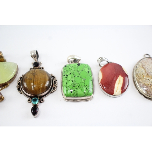 240 - Collection of Sterling Silver Gemstone Pendants, inc. Tigers Eye, Jasper, Quartz x 6 (110g)