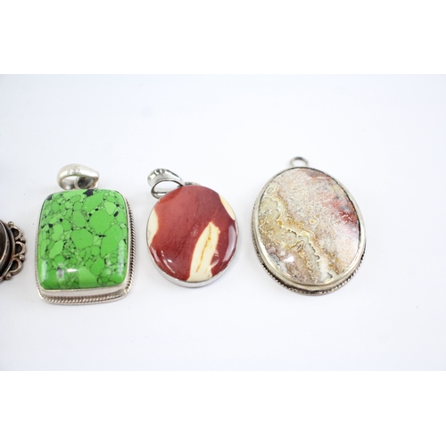 240 - Collection of Sterling Silver Gemstone Pendants, inc. Tigers Eye, Jasper, Quartz x 6 (110g)