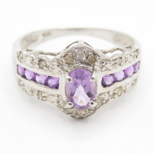 103 - 9ct White Gold Amethyst & Diamond Dress Ring  (2.1g) Size N