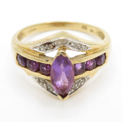 111 - 9ct Gold Amethyst & Diamond Dress Ring, Hallmarked London (3.1g) Size N