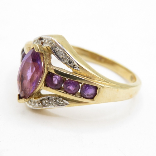 111 - 9ct Gold Amethyst & Diamond Dress Ring, Hallmarked London (3.1g) Size N