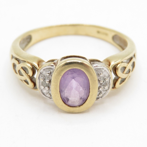 116 - 9ct Gold Amethyst & Diamond Ring with Celtic Style Shoulders, Hallmarked Sheffield  (2.6g) Size Q