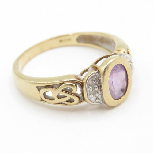 116 - 9ct Gold Amethyst & Diamond Ring with Celtic Style Shoulders, Hallmarked Sheffield  (2.6g) Size Q