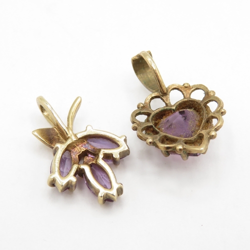 183 - Pair of 9ct gold amethyst pendants inc heart and grapes (1.8g)