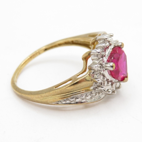 184 - 9ct gold synthetic ruby and diamond heart cluster ring  (2.3g) Size L 1/2