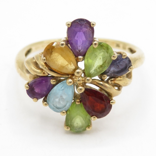 188 - 9ct gold multi germstone cluster ring including garnet, peridot, topaz, amethyst, citrine (3.6g) Siz... 
