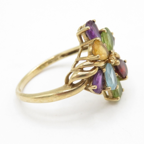 188 - 9ct gold multi germstone cluster ring including garnet, peridot, topaz, amethyst, citrine (3.6g) Siz... 