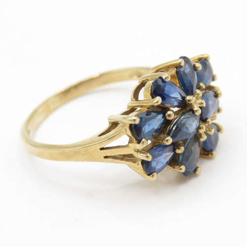 193 - 9ct gold sapphire floral cluster ring (3.2g) Size P