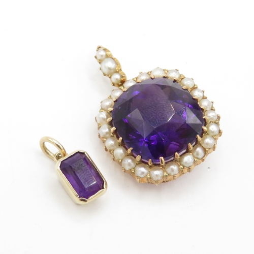 197 - Pair of 9ct gold pendants inc amethyst and seed pearl (5.9g)