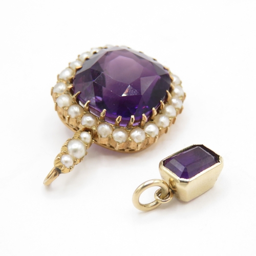 197 - Pair of 9ct gold pendants inc amethyst and seed pearl (5.9g)