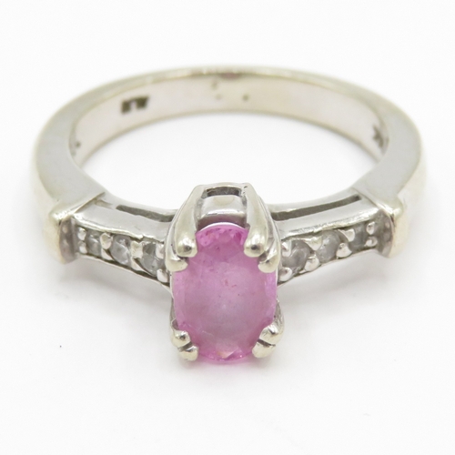 65 - 14ct white gold diamond and pink sapphire dress ring (4.9g) Size L 1/2