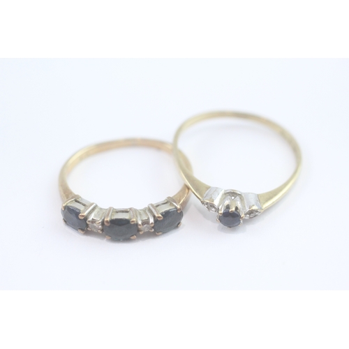 66 - 2 x 9ct gold diamond and sapphire dress rings (2.9g) Size K + M 1/2