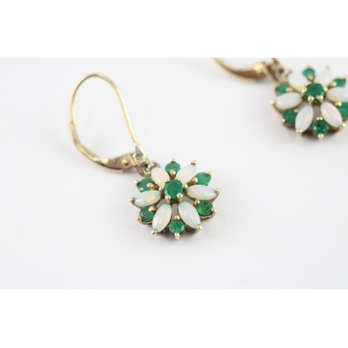 9 - 9ct gold emerald & opal drop earrings (2g)